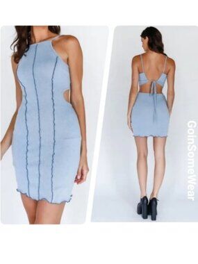 Sexy Light Blue Sleeveless Knit Detail Open Back Mini Dress